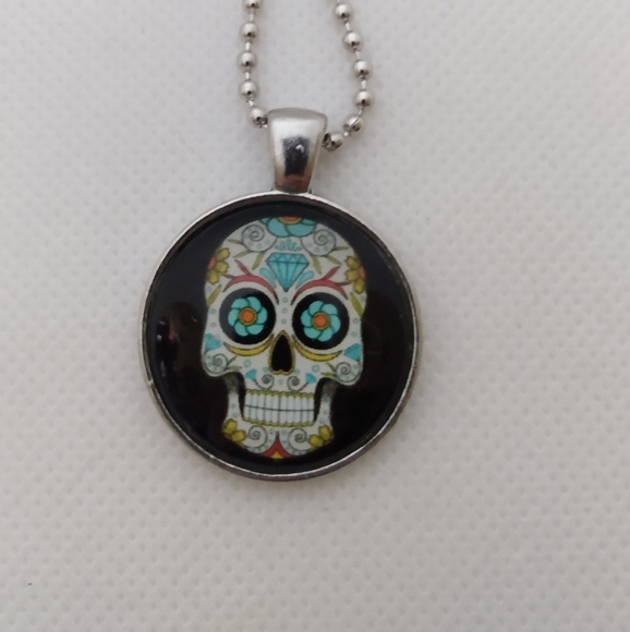 Handmade Sugar Skull Necklace on 1" Cabochon Pendant on 30" Ballbead Chain - Picture 4 of 5